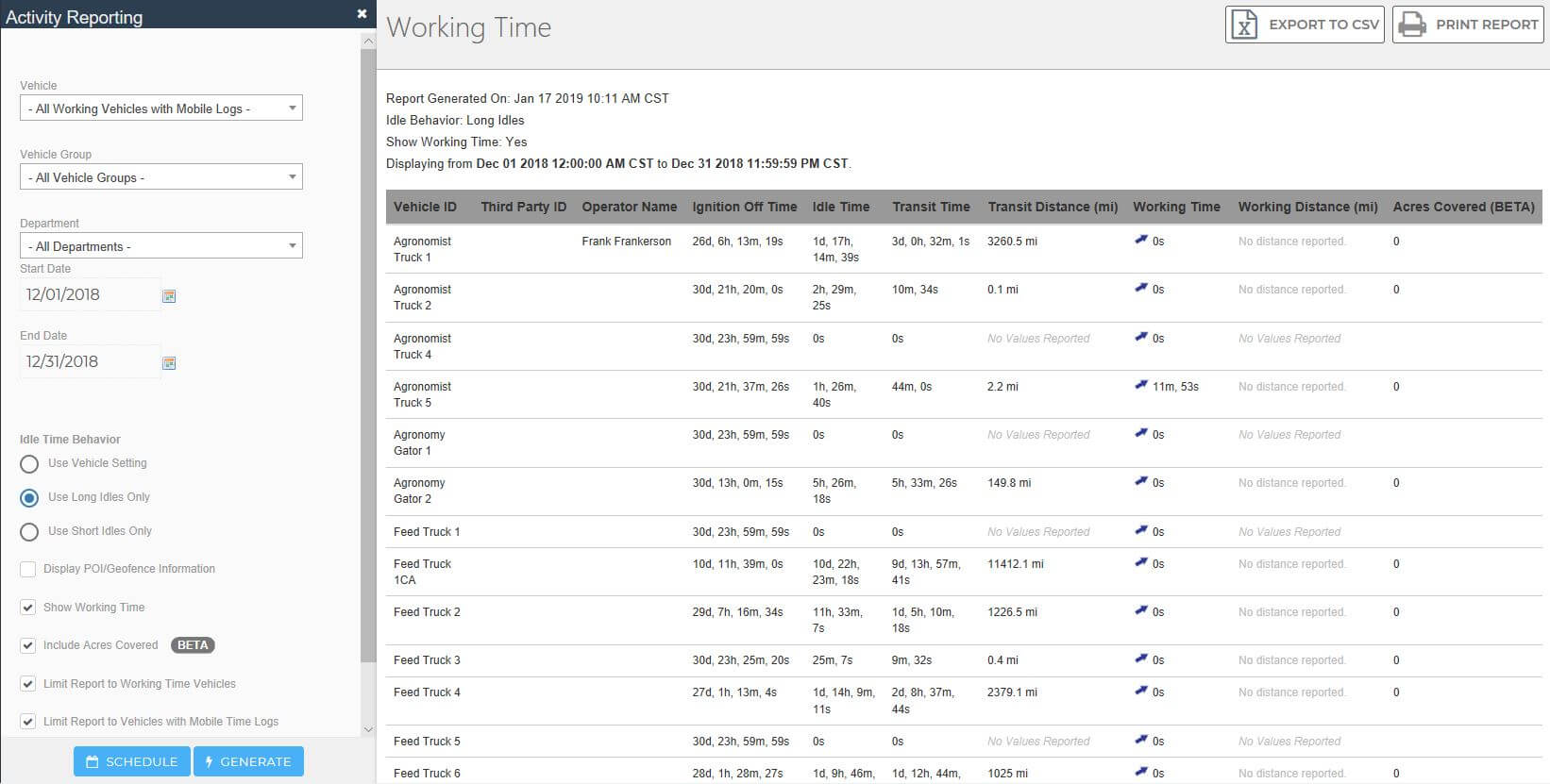 Screenshot of vehicle activity reporting on Razor Tracking's fleet management platform